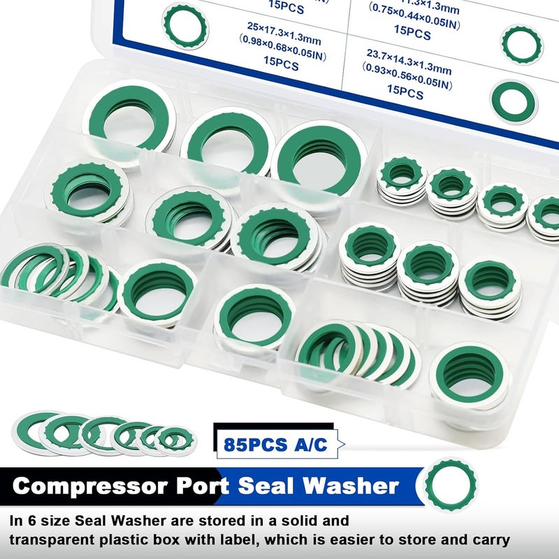 Daptemn 85PCS Air Conditioning Compressor Bonded Seal Washers Assortment Kit, 6 Sizes A/C System Compressor Port Gasket Repairs Universal Automotive Self-Centered Washers (ID: 8mm-17.5mm) (Green) - Image 3